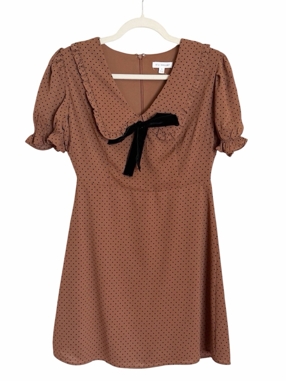 Blu Pepper Brown Polka Dot Mini Dress with Black Velvet Bow
